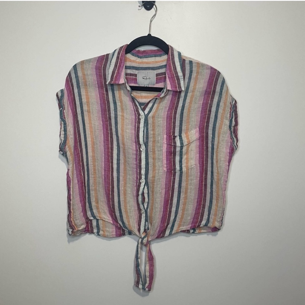 Rails Women's Amelie Avila Stripe Linen Blend Tie Front Blouse size Medium